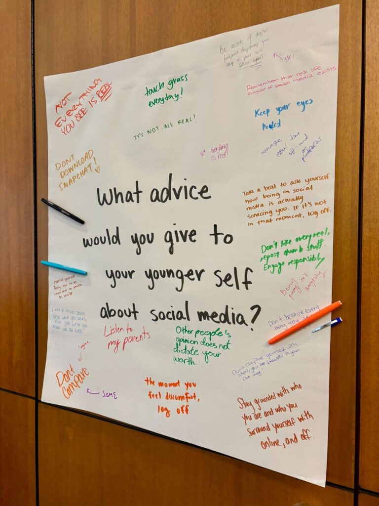 White board: "What advice would you give to your younger self about social media?" with answers